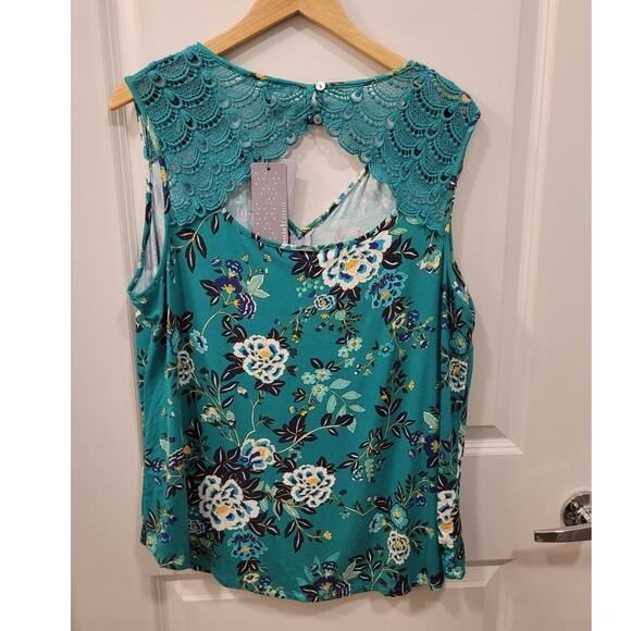 Daniel Rainn Teal Floral Peek a Boo Lace Blouse - Picture 2 of 8